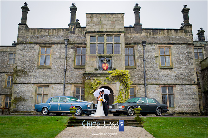 Bride and Groom outside Tissington Hall with Rolls Royce