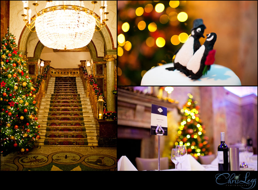 Images showing the decorations at a Hotel Russell Christmas Wedding