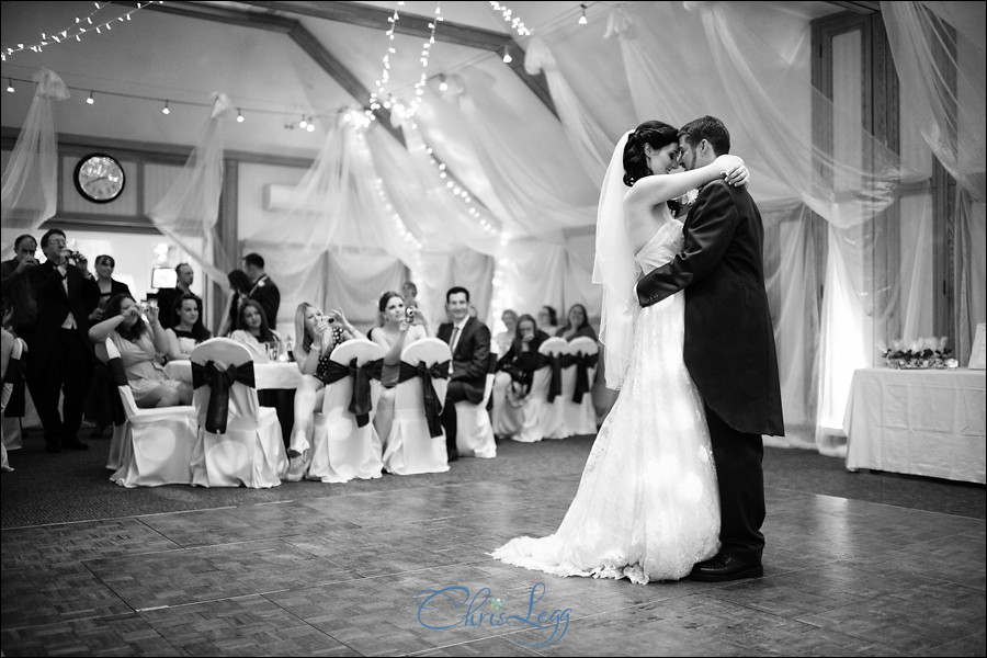 Black and white image of the bride and grooms first dance at Warren House