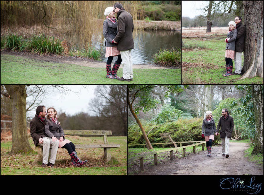 A collage of images from an engagement photography session in the Isabella Plantation in Richmond Park