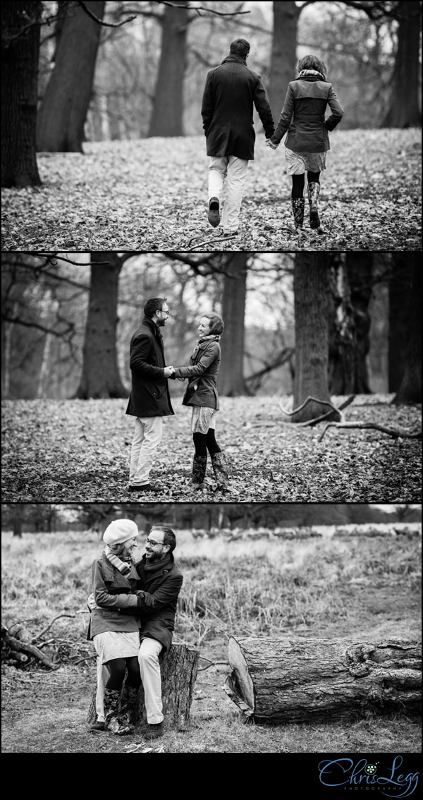 Black and white engagement photographs shot in Richmond Park in Surrey