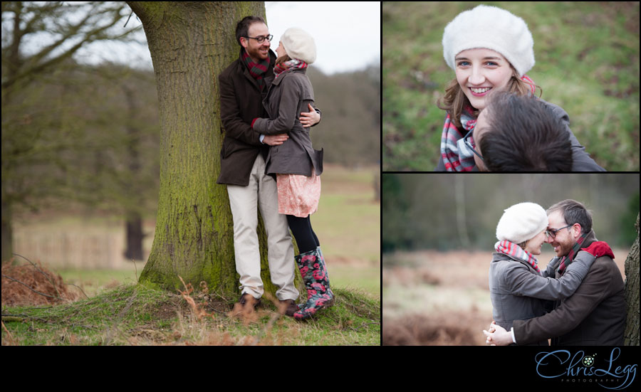 Colour photographs of a couple posing for their engagement shoot in Richmond Park in Surrey